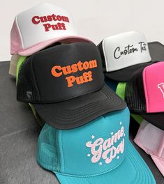 Personalized Foam Trucker Hat, Custom Foam Trucker Caps, Custom Puff Print Trucker Hat, Custom Cap, Custom Hat, Trucker Hat, Trucker Caps - Etsy Paint Letters, Hat Bar, Custom Trucker Hats, Custom Caps, Puffy Paint, Hat Custom, Sugar Land, Puff Print, Bach Party