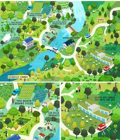 two maps showing the locations of various parks and rivers in different directions, with people walking around