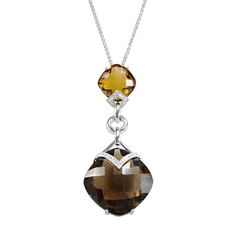 Featuring cushion-cut genuine smoky quartz and cognac quartz stones accentuated with cubic zirconia stones, this necklace provides bold beauty.PENDANT DETAILS Pendant length: 2.5 in. Chain length: 18 in. Chain type: wheat Clasp: spring-ring Metal: sterling silver Plating: rhodium Finish: polished Packaging: boxed STONE DETAILS Stone type: smoky quartz, cognac quartz Total weight: 45 ct. Shape: cushion cut Setting: prong  CUBIC ZIRCONIA DETAILS Total weight: 1/3 ct. Shape: round Setting: prong Ge Luxury Brown Jewelry With Diamond Accents, Luxury Cushion Cut Gemstone Necklace, Elegant Smoky Quartz Jewelry For Anniversary, Brown Diamond Jewelry For Formal Occasions, Formal Brown Diamond Jewelry, Elegant Brown Necklace With Polished Finish, Elegant Brown Evening Jewelry, Luxury Brown Jewelry With Polished Finish, Elegant Smoky Quartz Jewelry For Formal Occasions