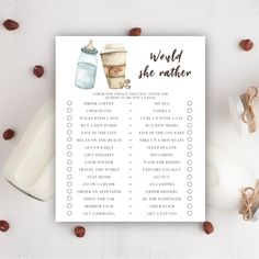 a printable world she wants list with coffee and milk on it, surrounded by nuts