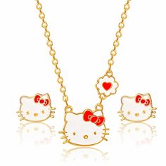 Cute and classic Hello Kitty jewelry for girls that they can wear every day. This matching necklace and stud earrings set features the sweet face of Hello Kitty with enamel plating and pink bows for pops of color Necklace: 18" chain+3" extender Earrings have a post back butterfly closure Comes with a complementary Hello Kitty pouch Hello Kitty Pouch, Classic Hello Kitty, Hello Kitty Gifts, Hello Kitty Jewelry, Jewelry For Girls, Pink Bows, Color Necklace, Princess Collection, Birthstone Earrings