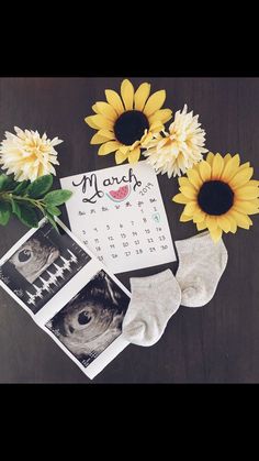 the sunflowers are next to an calendar and socks