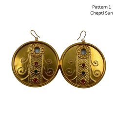 "Pattern 1: Traditional Nepali jewelry called \"Chepti Sun\" is mostly worn by the Tamang, Rai, Limbu etc. castes and ethnic groups of Nepal. Chepti Sun earring means round flat gold earring. Pattern 2: A lovely Makasi earring is a Newari earring with a bucket form. It usually goes with the traditional attire that Newari women wear." Sun Earring, Nepali Jewelry, Traditional Earrings, Traditional Attire, Gold Earring, Gold Plated Earrings, Wedding Earrings, Nepal, Gold Earrings