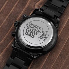 SAVE $40 TODAY ONLY!Surprise your Dad who loves fishing with this engraved watch for gift that can withstand constant use.He will become so emotional when reading your heartfelt and loving message engraved on the back of the watch.This “Customized Heartfelt Message Black Chronograph Watch” is the perfect gift for all Graduations, Birthdays, Christmas, or any time of the year.Featuring a three-eye decoration, calendar function, and luxury pointer in a waterproof and scratch-proof vessel.Made from Personalized Watches, Watch Engraving, Fisherman Gifts, Engraved Design, Personalized Gifts For Dad, Christmas Gift For Dad, Groomsmen Gift, Garmin Watch, Watch Gifts