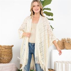 Absolutely Stunning Boho Chic Kimono Wrap, Swim Coverup, Robe Or Sweater. Beautiful And Neutral In Ivory Cream With Fringe Hem. 100% Acrylic With Sleeves For Easy On/Off. Turn Heads And Be On Trend All Year Long In This Beautiful Piece. 35.5" L - 46.5 W. Once Size Fits Most S-3xl Crochet Diamond Pattern, Crochet Diamond, Ruana Wrap, Calvin Klein Swimwear, Skirt Coverup, Fringe Kimono, Crochet Fringe, Kimono Wrap, Swim Coverup