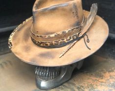 Handmade Fitted Brown Hat, Rustic Handmade Hat For Kentucky Derby, Rustic Fitted Hat For Kentucky Derby, Custom Fitted Handmade Fedora, Custom Handmade Fitted Fedora, Rustic Fitted Handmade Hat Bands, Handmade Rustic Fitted Hat Bands, Rustic Handmade Hat With Flat Crown, Handmade Rustic Hat With Flat Crown