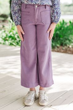 Your girl is going to feel like she can give it her all in these fab jeans! That hue and that fit are perfection together! Once your daughter puts these wide leg jeans on she will be unstoppable! Button/zip front closure Pockets Wide cut legs Minimal stretch Morgan is wearing the size 7. Purple Wide Leg, Lavender Jeans, Give It Your All, Be Unstoppable, Purple Jeans, Your Girl, Lavender Purple, Wide Leg Denim, Wide Leg Jeans