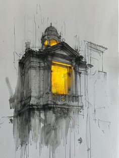 an artistic drawing of a building with yellow light coming from the window