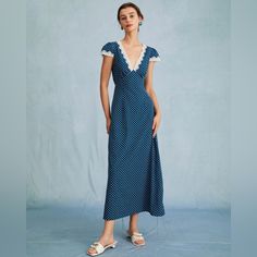 Color: Navy Material: 100% Polyester Details: - Ankle Length - Casual - High Waisted - Polyester - Ruched - Polka Dot - Deep V Neck - Cap Sleeve - Polka Dot - Lace Maxi Dress This V Neck Maxi Dress Is A Perfect Choice For Any Occasion. Its High Waisted And Slim Fit Accentuate Your Curves And Make You Feel Confident And Beautiful. The Ruched, Lace And Polka Dot Design Adds A Feminine Touch And Makes This Dress Perfect For Any Occasion. Whether You're Going Out On A Date Or Attending A Formal Even V Neck Maxi Dress, Tailored Clothes, Ruched Maxi Dress, Maxi Dress Navy, Lace Maxi, The Navy, Capped Sleeve Dress, Navy Dress, Lace Maxi Dress