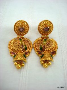 "vintage antique 20kt gold earring pair from rajasthan india. great handmade design, good for jewelry collection. Note - Please check pictures carefully for more detail. height max - 3.7 cm(1.46\") width max. - 1.6 cm(0.63\") weight - 9.440 grams material - 20kt solid yellow gold." Traditional Gold Bridal Earrings With Pallu, Ornate 22k Gold Earrings With Intricate Design, Traditional Gold Plated Filigree Danglers, Ornate 22k Gold Earrings, Traditional Gold-plated Filigree Danglers, Traditional 22k Gold Jhumkas As Gift, 22k Gold Filigree Jhumkas For Festivals, Ceremonial Bridal Earrings In 22k Gold Temple Jewelry Style, Ornate Yellow Gold Chandbali Earrings