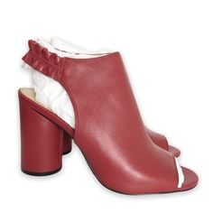 Katy Perry The Jocelyn Show Stopping Mulberry Red Nappa Leather Ruffled Peep Toe Shooties / Heels. Women's Size 10. Condition: New In Box, Box Has Wear. New To Poshmark? Sign Up Using Invite Code: Tentoday For $10 Off Your Purchase! A Round Heel Lends Contemporary Height To This Chic Leather Shootie. Open Toe Is Counter Finished With A Ruffled - Elastic Strap. Jocelyn Goes From Dressy To Casual With A Sleek Silhouette And Pretty Ruffle Detail Casual Career Professional Work Everyday Classic Offi Chic Open Toe Heels With Ruffles, Chic Ruffled Heels For Spring, Chic Ankle Strap Heels With Ruffles, Chic Formal Heels With Ruffles, Spring Formal Heels With Ruffles, Chic Ruffled Heels For Formal Occasions, Elegant Burgundy Heels For Spring, Formal Open Toe Heels With Ruffles, Burgundy Leather Heels For Spring