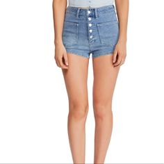 Nwt Free People “We The Free” Bridgette Denim Short Shorts $68 Exposed Button-Fly Closure Front Patch Pockets Size: 27 Color: Pacific Indigo Fabric: Cotton/Polyurethane/Spandex Approx Lay Flat Measurements~ Waist: 14” Rise: 11.5” Inseam: 1.5” Denim Short Shorts, Indigo Fabric, Denim Short, Short Shorts, Fabric Cotton, Lay Flat, Free Size, Denim Shorts, Free People