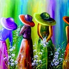 three women in colorful dresses and hats are walking through the grass with flowers on it