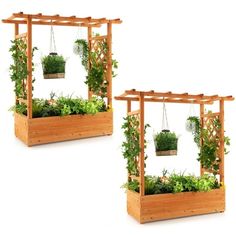 two wooden planters with plants hanging from them