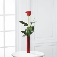 a red vase with a single rose in it