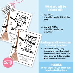 two printable halloween flyers with the words flying thank you