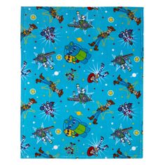 a blue rug with cartoon characters and stars in the sky, on a white background