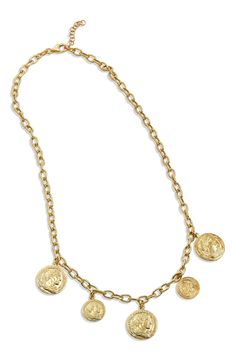 A lustrous Italian 18k yellow gold vermeil necklace suspends embossed coin charms for luxurious style. 16" length + 0.5" extender Adjustable lobster clasp 18k yellow gold plated sterling silver Made in Italy Boot Jewelry, Toddler Boy Shoes, Espadrilles Wedges, Toddler Shoes, Gold Plated Sterling Silver, Gold Vermeil, Girls Shoes, Womens Jewelry Necklace, Charm Necklace