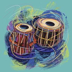 two musical instruments with colorful paint strokes on blue background stock - fotografie