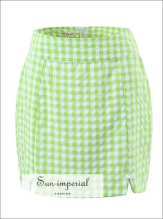 Women’s Green Plaid Twin Piece Skirt Set With Cropped Short Puff Sleeve Underwire Top And Pencil Mini Sun-Imperial United States Preppy Green Skirt For Spring, Preppy Mini Skort For Summer, Preppy Green Skort For Summer, Preppy Green Mini Skirt For Spring, Preppy Mini Length Summer Bottoms, Green Preppy Mini Skirt For Spring, Green Preppy Mini Skirt For Summer, Preppy Cotton Mini Skirt For Spring, Preppy Short Mini Skirt For Summer