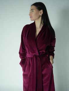 All my robes - https://www.etsy.com/shop/HBStyleEU Women's elegant velvet robe from 100% organic cotton. Beautiful, well made robe that is so soft and luxurious. With pockets and long sleeves. Made of very soft and pleasant to the body velvet. It is really warm and cozy. Perfect gift for your loved ones. - 100% Organic cotton. - 100% Handmade, cut and sewn with all care and on good equipment to order in our studio. - If you want a robe with pockets, but so that the stitching is not visible, writ Floor Length Robe, Robe For Women, Dream Night, Dressing Gown Robe, Women's Robe, Pajama Robe, Womens Robes, Purple Velvet, Dressing Gown