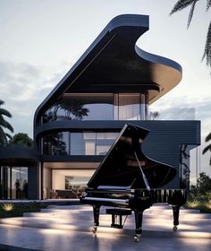 a grand piano sitting in front of a modern house