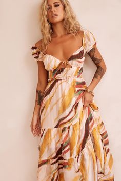 Ruffle It Up Maxi Dress - Yellow Multi Red Dress Day, Denim Playsuit, Jumpsuit Dressy, Yellow Midi Dress, Sweetest Thing, Green Mini Dress, Floral Print Midi Dress, Yellow Print, Strapless Tops