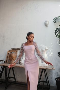 Bodycon Dress with Slit and Mesh Sleeves | BOJONI Gaun Koktail, Lace Dress Classy, Dinner Party Dress, Dress Outfits Party, Body Con Dress Outfit, Gaun Fashion, Women Lace Dress, Long Bodycon Dress, Stylish Party Dresses