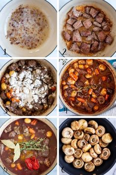 the steps to make beef stew are shown in four different pictures, including meat and vegetables