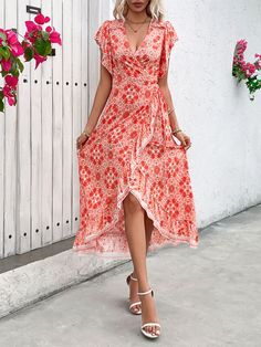 Features: Tied, High-Low, Ruffled Sheer: Opaque Stretch: No stretch Body: Not lined Material composition: 100% viscose Care instructions: Machine wash cold. Tumble dry low. Imported Size US Length Bust Shoulder Waist S 4 52.8 34.6 13.6 33.9 M 6/8 53.5 36.2 14 35.4 L 10/12 54.3 38.6 14.4 37.8 XL 14 55.1 40.9 14.8 40.2 Summer Viscose V-neck Wrap Dress, Flowy Wrap Dress With Ruffle Hem And Surplice Neckline, Beach Short Sleeve Maxi Dress With Tie Waist, Short Sleeve Maxi Dress With Tie Waist For Beach, Beach Maxi Dress With Tie Waist And Short Sleeves, Beach Maxi Dress With Short Sleeves And Tie Waist, Summer Maxi Dress With Tie Waist And Surplice Neckline, Casual Maxi Length Wrap Dress With Tie Waist, Casual Maxi Wrap Dress With Tie Waist