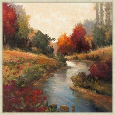 an oil painting of a river surrounded by trees and wildflowers in the fall