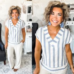 Striped Cotton V-neck Blouse, White V-neck Top For Summer Vacation, Chic Blue V-neck Top For Summer, Striped V-neck Blouse For Vacation, Vertical Stripes Tops With Relaxed Fit For Vacation, White Vertical Stripes Top For Vacation, Relaxed Fit Vertical Stripes Top For Vacation, White Vertical Stripes Top For Beach, Summer Blouse With Vertical Stripes And Relaxed Fit