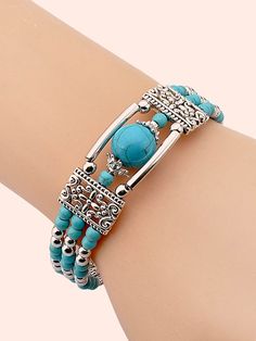 Blue  Collar  Stone   Embellished   Women Fashion Jewelry Blue Bohemian Bangle Stretch Bracelet, Blue Bohemian Metal Bracelets, Bohemian Turquoise Beaded Metal Bracelets, Bohemian Blue Metal Bracelets, Bohemian Blue Metal Bracelet, Bohemian Light Blue Bracelet, Turquoise Metal Beaded Bracelet, Elegant Turquoise Beaded Metal Bracelets, Blue Metal Beaded Bangle Bracelet