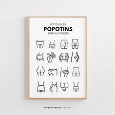 a poster with the words popotins written in black ink on a white background