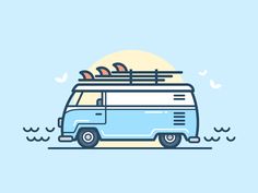 an illustration of a van with surfboards on top and the sun in the background