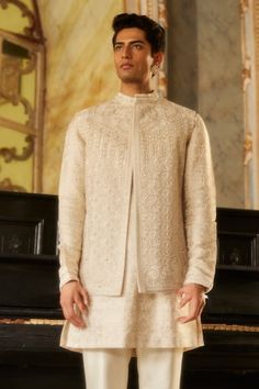 Ivory bundi featuring thread embroidered floral swirl motifs highlighted by pearls and sequin embellishments. Comes with woven floral pattern kurta and pant. - Aza Fashions Collar Kurta, Kurta Set Men, Nehru Jacket, Kurta Set, Mandarin Collar, Aza Fashion, Swirl, Floral Pattern, Embellishments