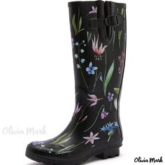 Olivia Mark - Stylish High-Cut Rain Boots in Black with Beautiful Lily Print - Premium Rubber Waterproof Shoe Covers for All-Day Protection Black Daffodil, Water Lily Design, Lily Design, Lily Pattern, Going To Rain, Rain Shoes, Waterproof Shoes, Thick Heel, Shoe Covers