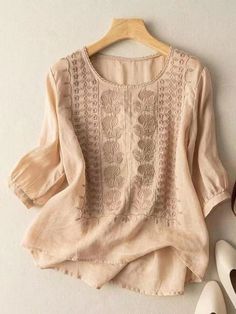 Women's Shirt Blouse Linen Floral Going out White Yellow Purple Embroidered Half Sleeve Casual Round Neck Regular Fit 2024 - $24.99 Bohemian Beige Top With Chikankari Embroidery, Summer Beige Blouse With Chikankari Embroidery, Beige Chikankari Embroidery Blouse For Summer, Beige Long Sleeve Top With Chikankari Embroidery, Beige Long Sleeve Blouse With Chikankari Embroidery, Blouse Dress Pattern, White Cotton Blouse, Linen Tee, Linnet