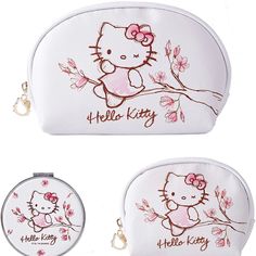 Brand New. Set Includes Two Bags And A Compact Mirror White Cat Design Pouch Bag, White Pouch Cosmetic Bag For Daily Use, Trendy White Pouch For Daily Use, White Cosmetic Bag For Daily Use, White Hello Kitty Print Bag, White Hello Kitty Pouch Bag, Cute White Bag With Zipper Pouch, Everyday White Hello Kitty Bag, Cute Portable White Pouch