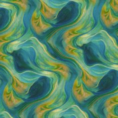 an abstract painting with green, yellow and blue swirls on the bottom half of it