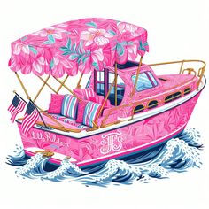 a pink boat with pillows and an umbrella on it's roof in the water