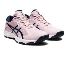 the asics shoes are pink and blue