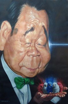 a painting of a man holding two birds in front of his face with an evil look on his face