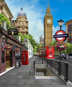 an artist's rendering of a london street with big ben in the background