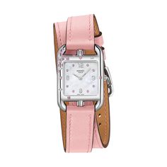 Gem-set steel watch, opaline silvered dial, 23 x 23 mm, long interchangeable strap in cherry blossom pink Swift calfskinMade in Switzerland Wrist circumference: 5.7" - 6.5" Model size: smallGem-set steel case, 23 x 23 mm, 4 diamonds (0.02 ct), 18 pink sapphires (0.14 ct)Anti-glare sapphire crystalOpaline silvered dial, 8 pink sapphires (0.02 ct)Quartz movement, Swiss MadeHour, minute functionsWater-resistant to 3 bar. Avoid all contact with water while wearing your Hermes leather watch.Long doub Classic Pink Watches With Rectangular Dial, Classic Pink Watch With Rectangular Dial, Luxury Pink Watches With Rectangular Dial, Timeless Formal Pink Watch, Luxury Pink Watch With Rectangular Dial, Timeless Pink Watch For Formal Occasions, Timeless Pink Watch Accessories For Formal Occasions, Elegant Pink Rectangular Watches, Elegant Pink Rectangular Watch