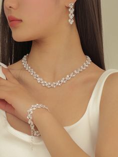 White  Collar     Embellished   Women's Fashion Jewelry White Crystal Bridal Sets For Party, Elegant Cubic Zirconia Party Sets, Elegant Rhinestone Sets For Parties, Elegant Party Sets With Rhinestones, Silver Bridal Sets For Party, Elegant Silver Crystal Sets, Elegant Crystal Sets For Wedding, Elegant Crystal Bridal Sets For Party, Silver Crystal Wedding Sets