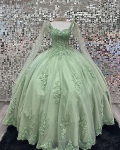 Sage Green Quinceanera Dresses With Sleeves, Save Green Quince Dress, Jade Green Quinceanera Dresses, Quiencera Dresses Sage Green, Pretty Green Outfits, Sage Green Quinceanera Dresses With Cape, Sage Green Quinceanera Dresses Long Sleeve, Sage Green Quinceanera Dresses Mexican, Light Green Quince Dress