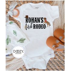 "Personalize this custom first rodeo birthday bodysuit or t-shirt with your child's name. Perfect for a cowboy western themed birthday party. 👚 ABOUT OUR CLOTHING * GERBER® ONESIES® BRAND: Genuine Gerber® Onesies® brand bodysuits are available in sizes Newborn to 12 months (short sleeve only). If you would like a Gerber® Onesies® brand bodysuit, please choose this option from the drop down size menu on listing. This brand runs small, we recommend to size up. * STANDARD COTTON BODYSUITS: Our sta This Ain’t My First Rodeo Birthday Theme, My First Rodeo Birthday Boy Shirt, This Aint My First Rodeo Shirt, This Ain’t My First Rodeo Birthday, Rodeo First Birthday Shirt, Boys 1st Birthday Party Ideas, Rodeo Birthday, Cowboy Theme, First Birthday Shirts