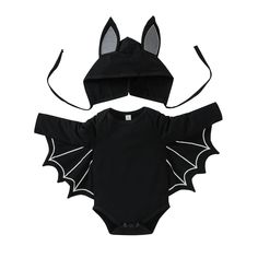 a black bodysuit with bat wings on the chest and ears attached to it's back