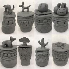 several clay pots with animals and plants on them, all in different shapes and sizes